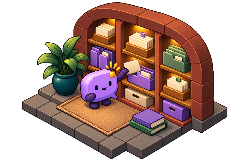 Ping organising work notes in a little terracotta library, illustrated in pixel art.