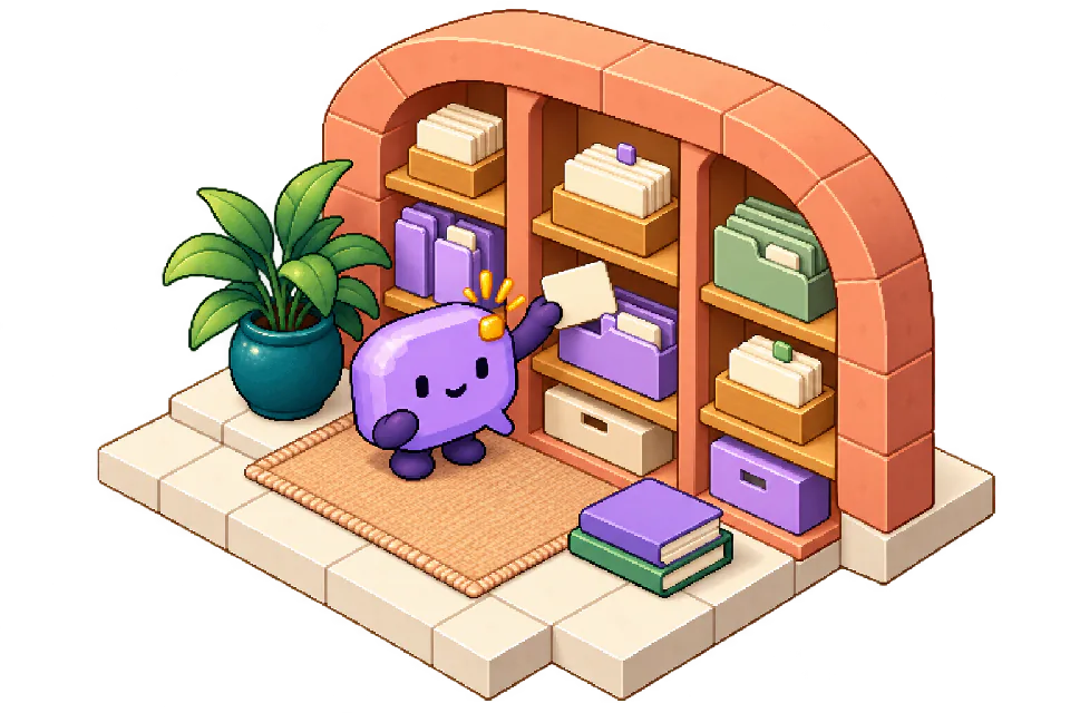 Ping organising work notes in a little terracotta library, illustrated in pixel art.