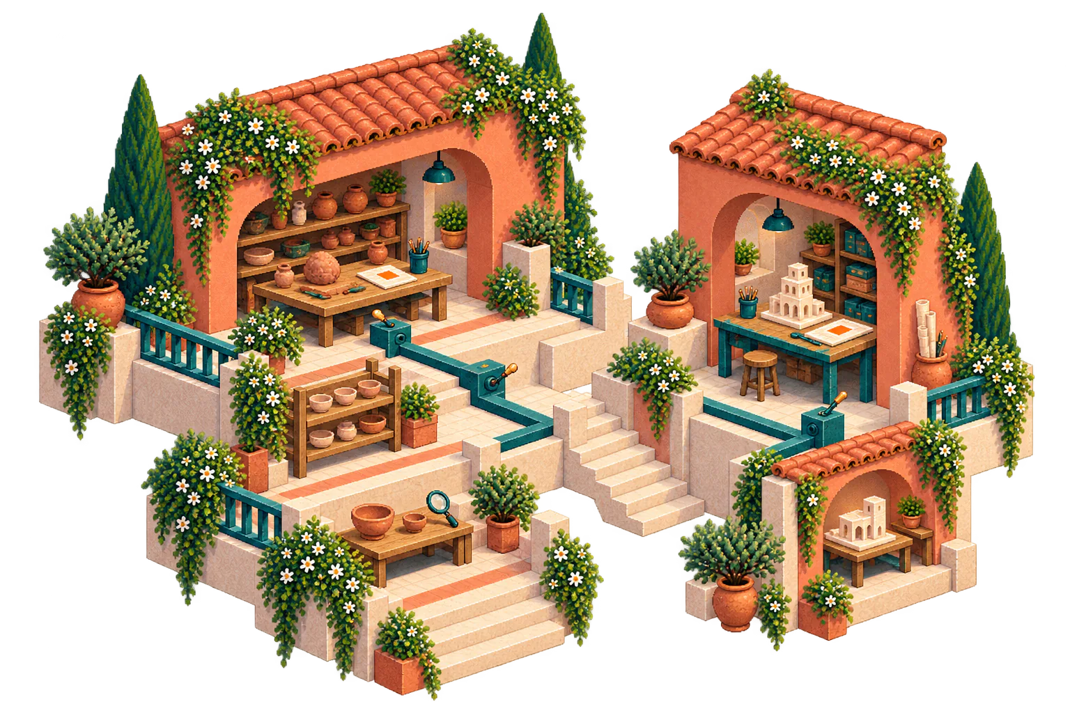 Two terracotta maker spaces follow distinct routes across limestone terraces, with teal channels and small manual gates connecting their different work and review stations.