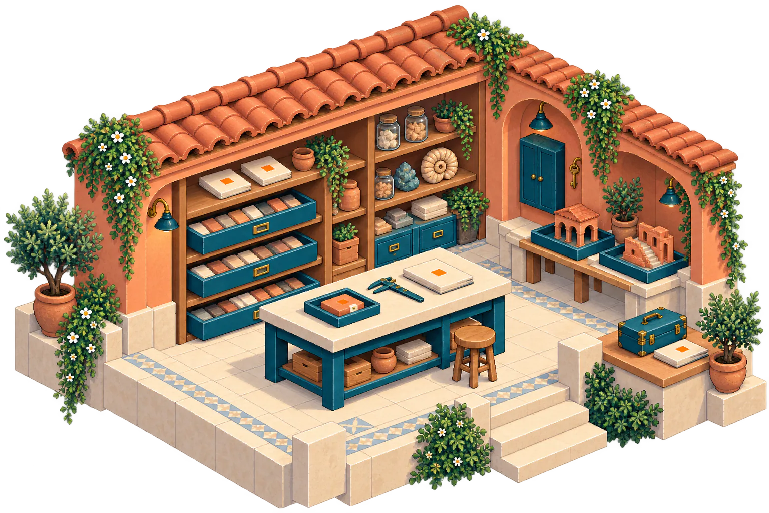 An isometric terracotta archive keeps sample drawers, two miniature environment models, a closed teal key cabinet and a specimen folio beside a carry case ready for handoff.