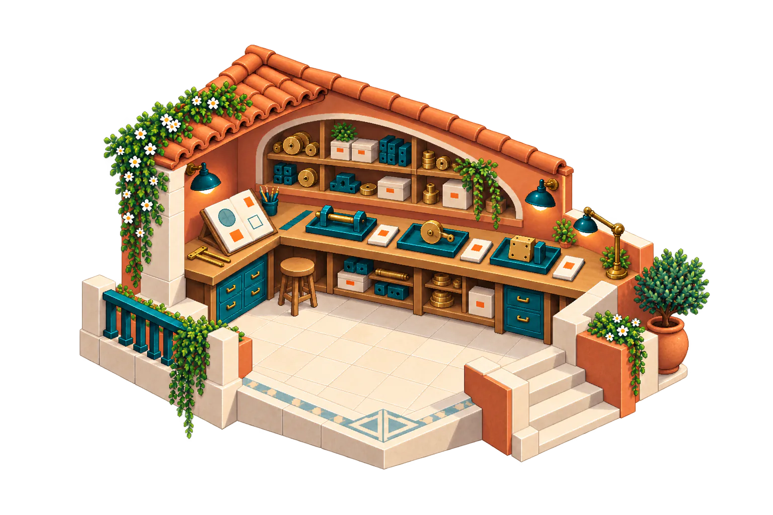 An isometric terracotta precision atelier pairs an open specification with three distinct brass-and-teal test specimens, procedure folios and shelves of reusable parts.