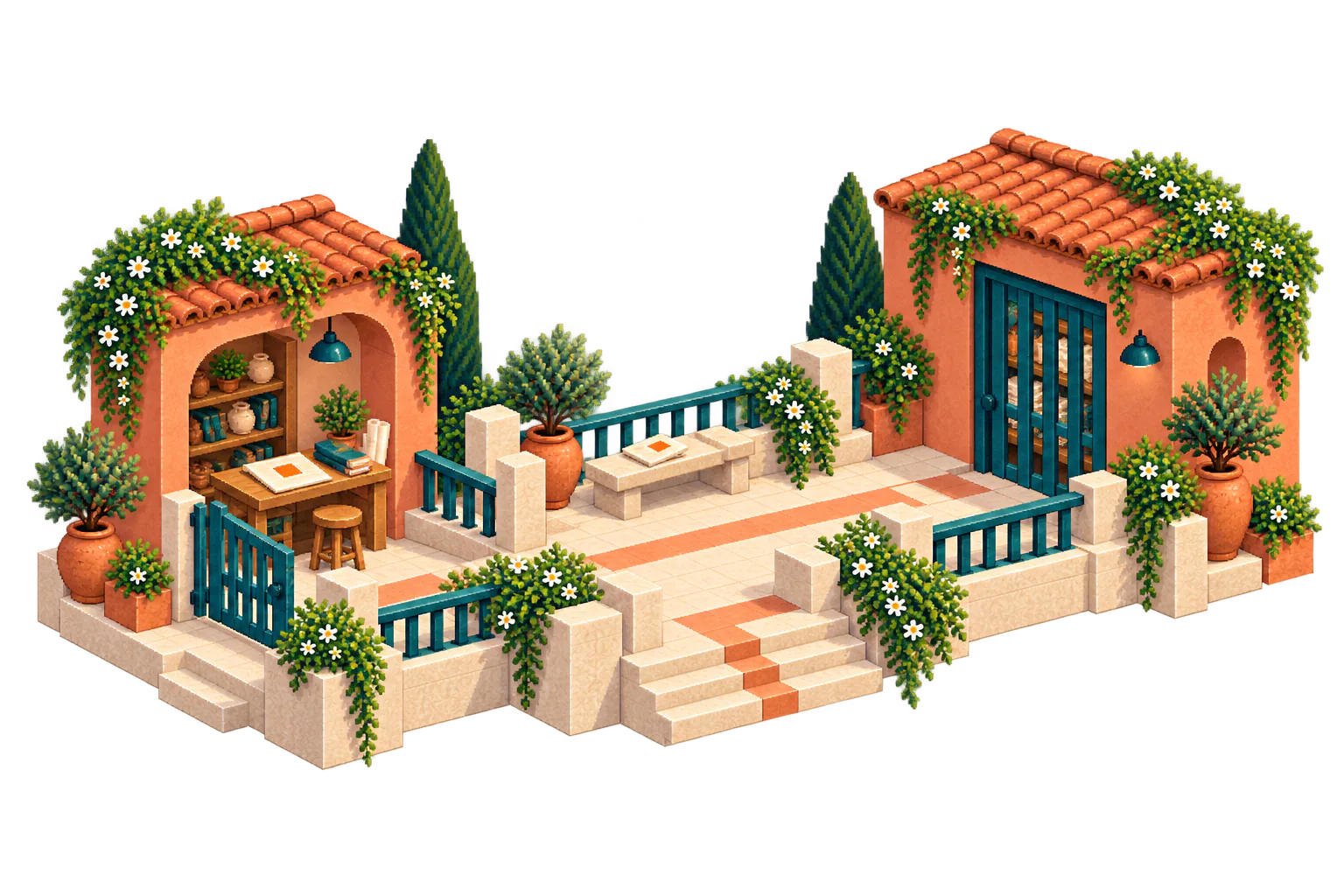 Two terracotta reading alcoves share a limestone walkway: one opens onto an orange-tabbed work folio, while a teal slatted door marks a separate collection.