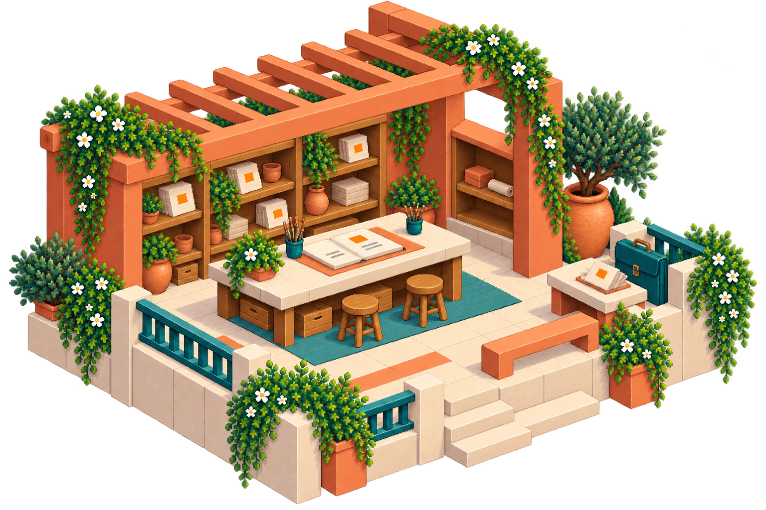 A terracotta rooftop atelier holds the same orange-marked project folio at a broad desk and a compact reading ledge, with a portable case beside the ledge.